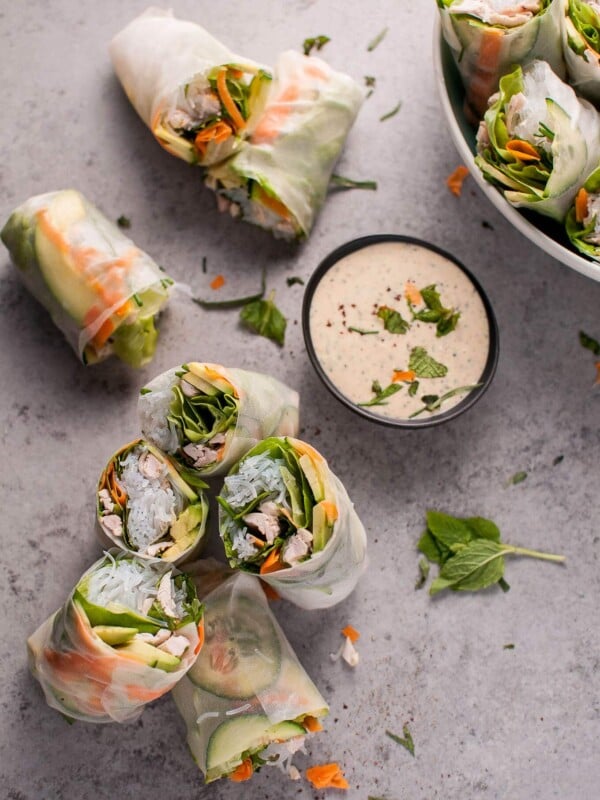 Chicken salad rolls with miso tarragon dipping sauce are a fresh and creative way to use up leftover chicken!