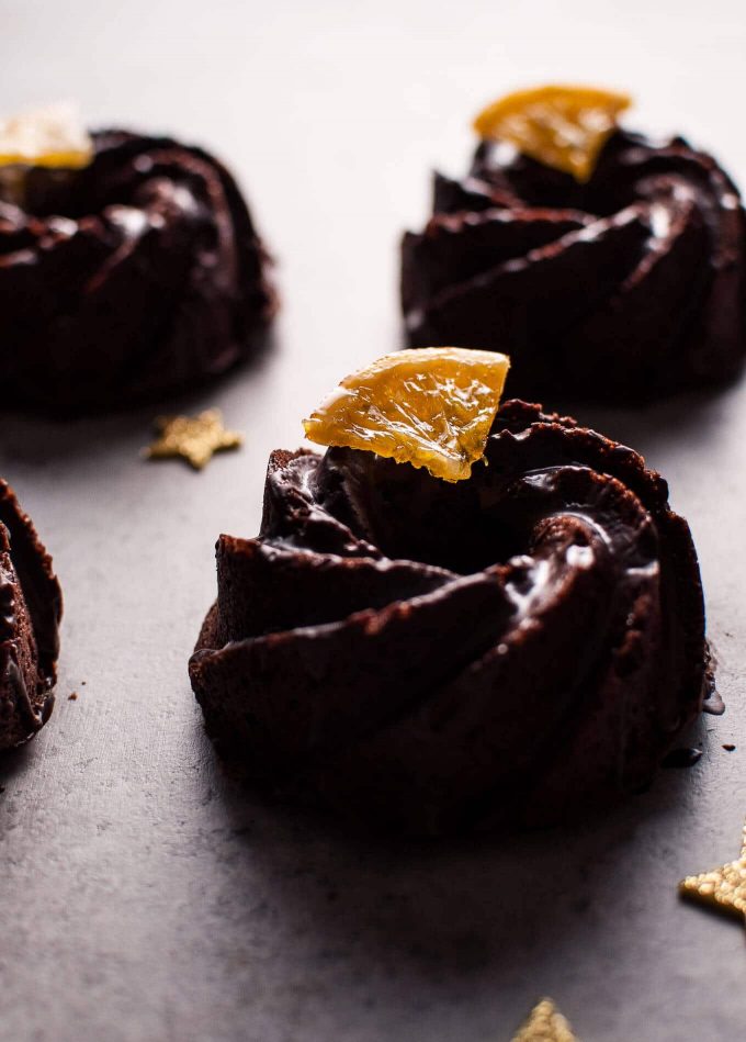 close-up of a mini chocolate bundt cake