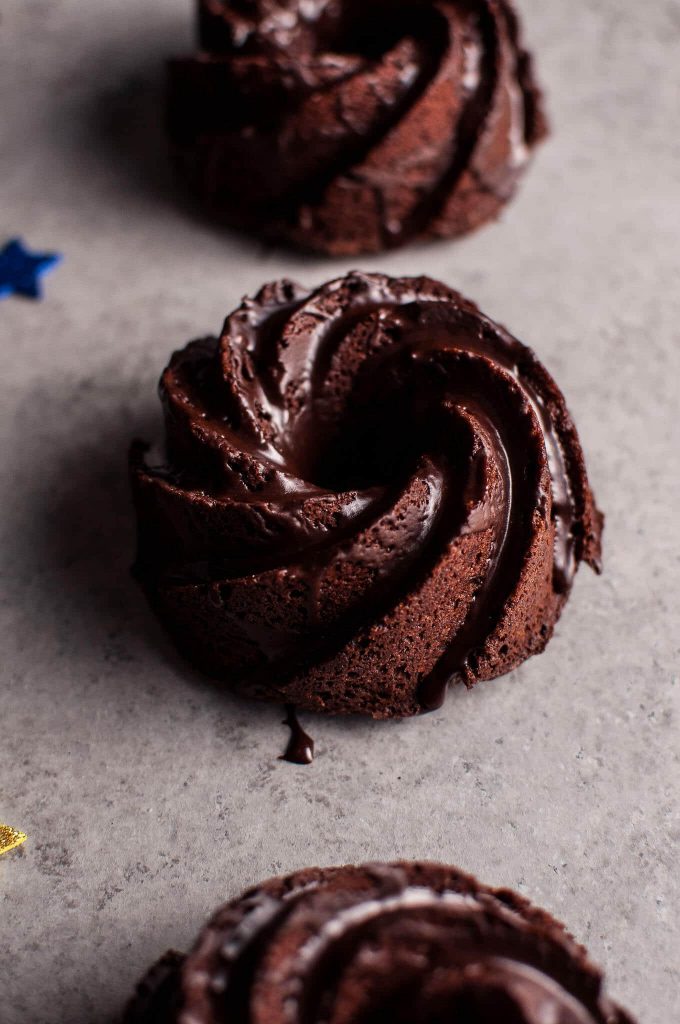 close-up of a mini chocolate bundt cake