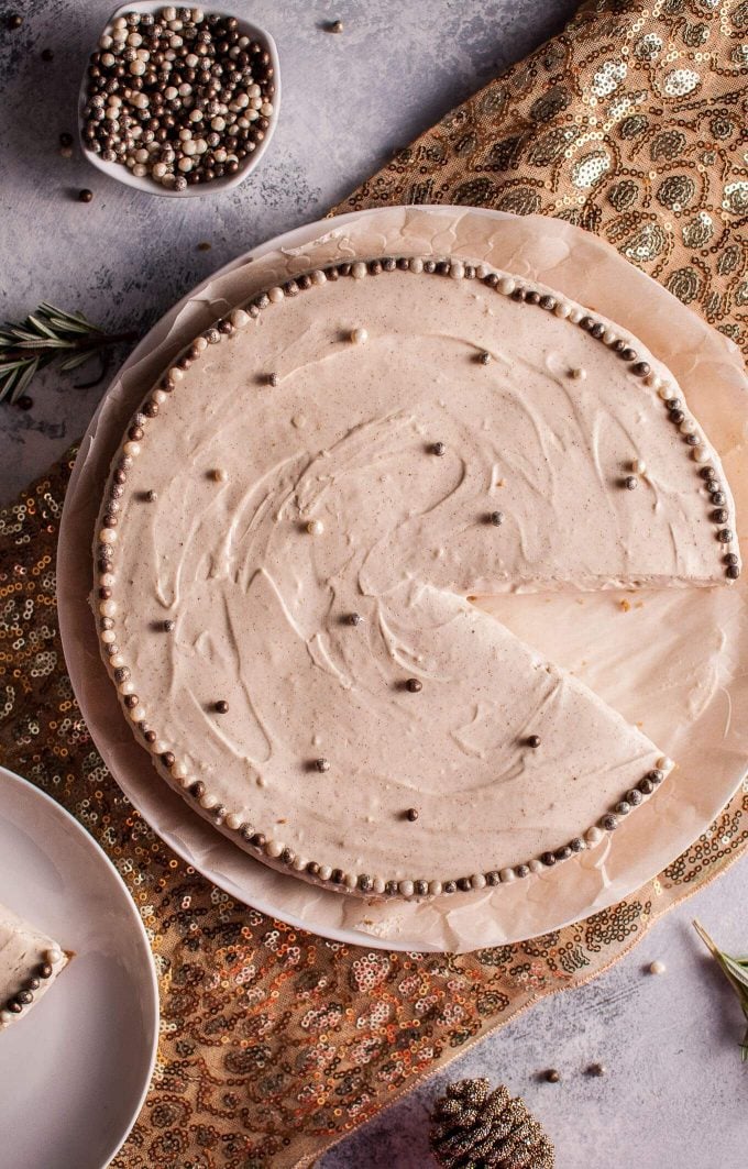 a no-bake gingerbread cheesecake with a slice missing