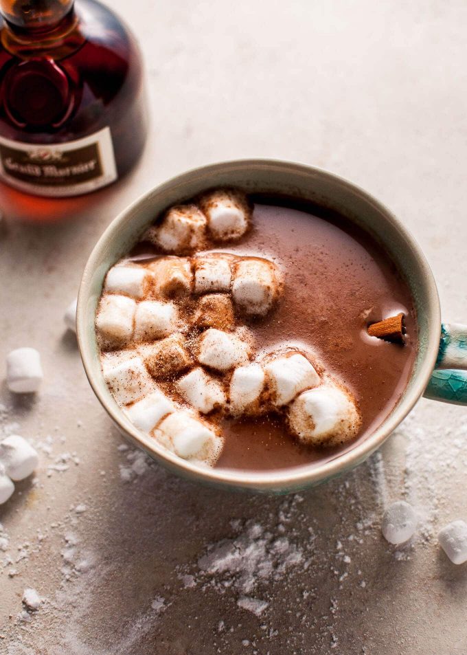 mug of orange spiked boozy hot chocolate with marshmallows