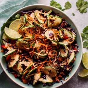 This spiralized Thai salad is fresh, healthy, and has the most delicious cilantro-lime-peanut dressing.