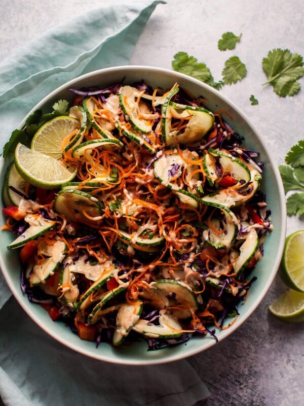 This spiralized Thai salad is fresh, healthy, and has the most delicious cilantro-lime-peanut dressing.