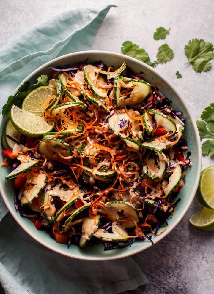 This spiralized Thai salad is fresh, healthy, and has the most delicious cilantro-lime-peanut dressing.