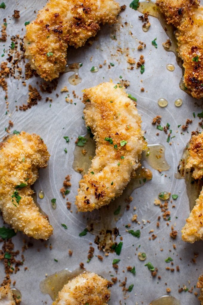 baking sheet with sticky lemon chicken tenders