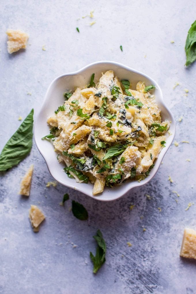 bowl of vegetarian creamy basil pasta