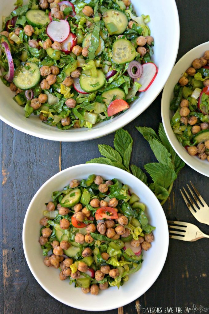 roasted chickpea fattoush salad in bowls with forks