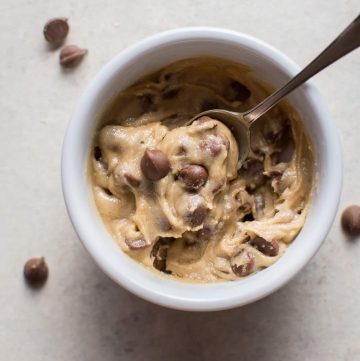 My guilt-free eggless chocolate chip cookie dough for one is the perfect portion-controlled treat. Ready in only 5 minutes!
