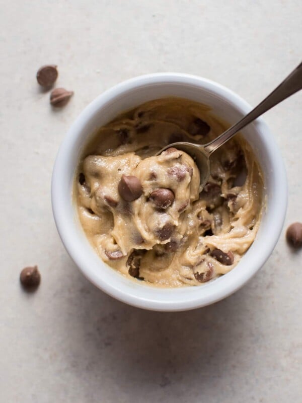 My guilt-free eggless chocolate chip cookie dough for one is the perfect portion-controlled treat. Ready in only 5 minutes!