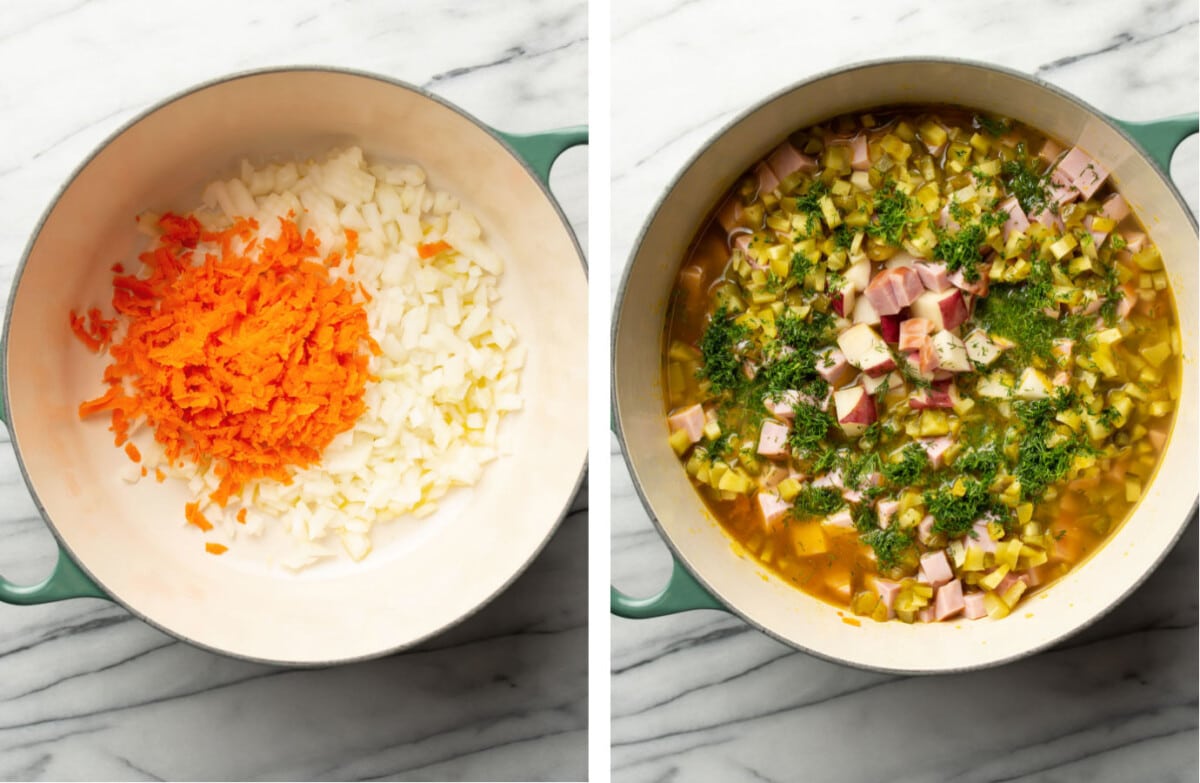 sauteing onion and carrots in a soup pot and added in ingredients for dill pickle soup