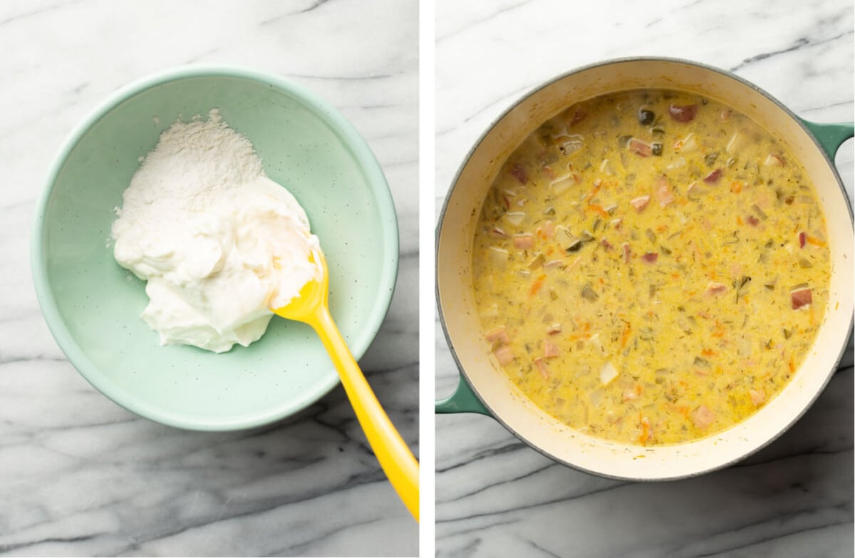 mixing flour and sour cream in a bowl and adding to a pot of dill pickle soup