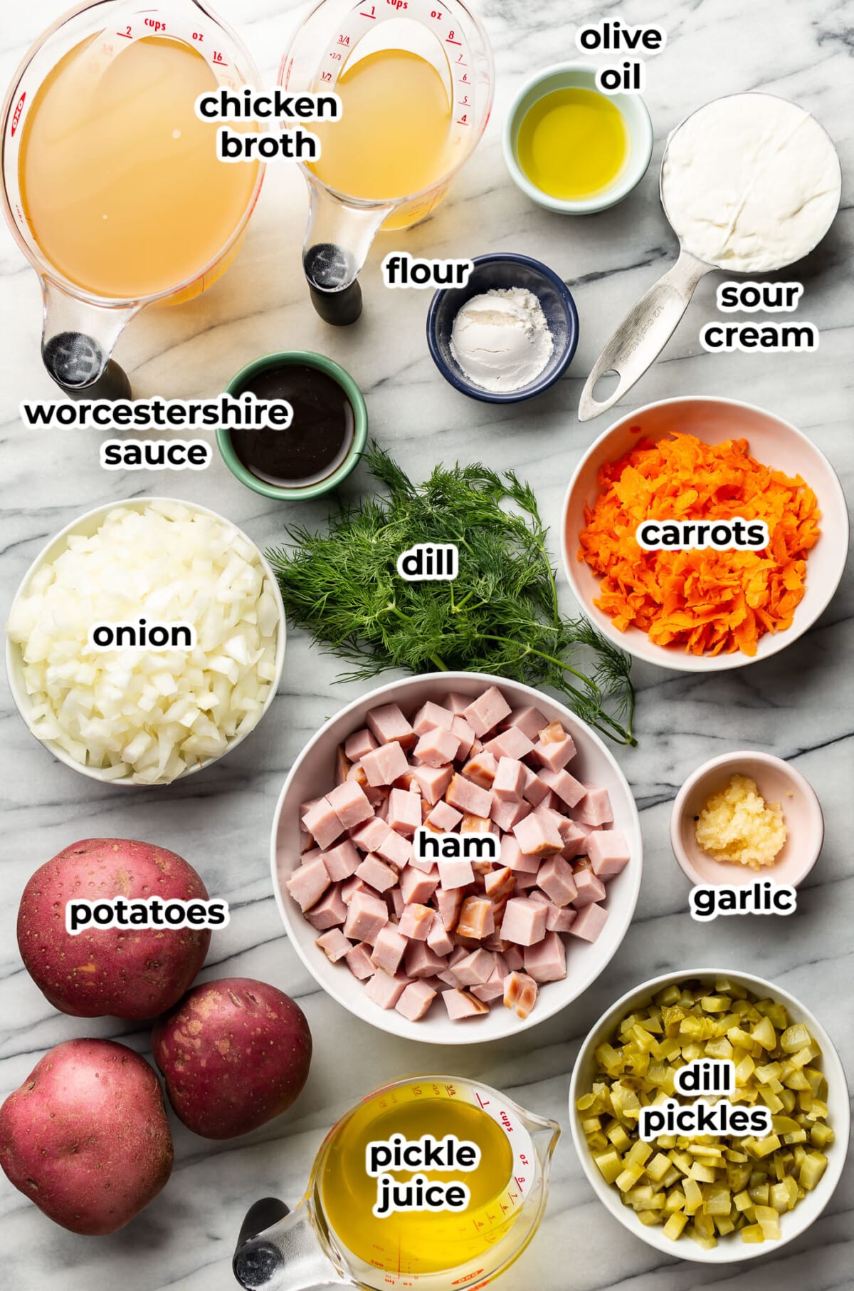 ingredients for dill pickle soup in prep bowls