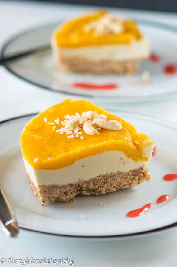 slice of no-bake mango cheesecake on a plate