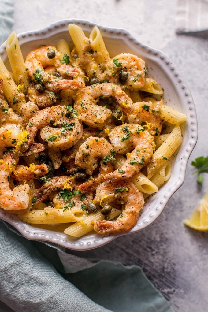 close-up of easy shrimp piccata in a bowl with penne pasta