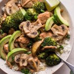 This spicy chipotle Buddha bowl with cauliflower rice is a filling, healthy, vegetarian, and low-carb meal. Roasted mushrooms and broccoli are the stars of the show.