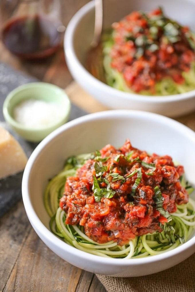 zucchini noodles with portobello bolognese in a bowl