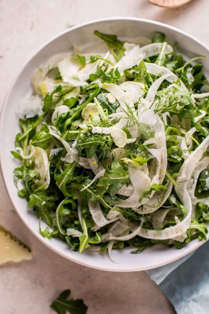 close-up of arugula, fennel, and Manchego salad