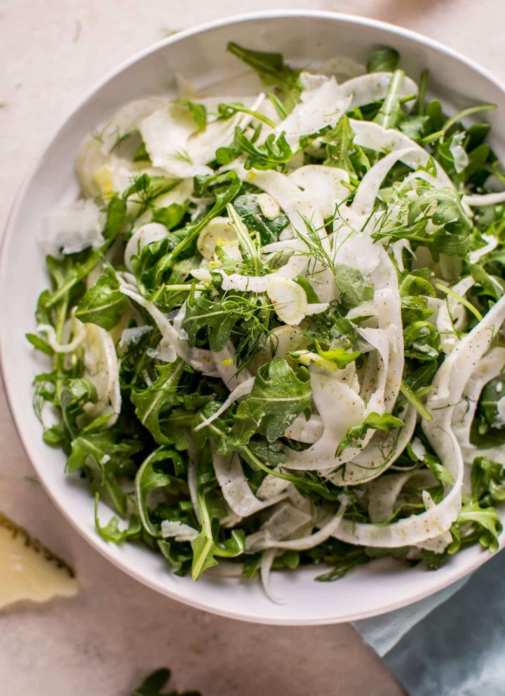 This baby arugula, fennel, and Manchego cheese salad comes together fast and is fresh, healthy, and full of flavor!
