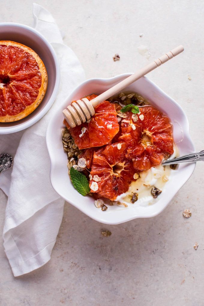 bowl of grapefruit brulee with museli and Greek yogurt