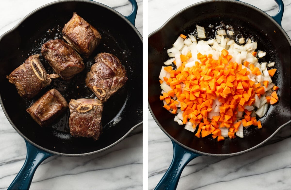 browning short ribs in a skillet then sauteing onions and carrots