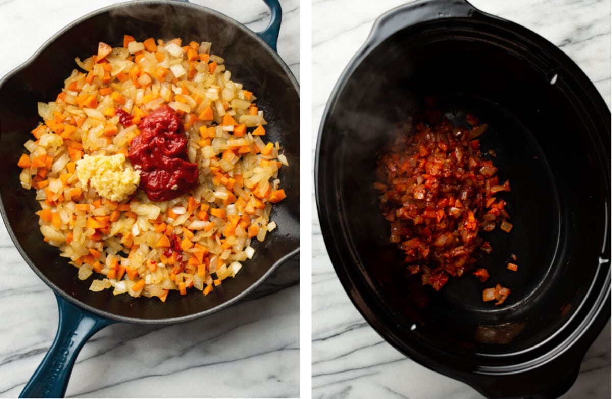 adding tomato paste and seasonings to the skillet and then transferring contents to a slow cooker