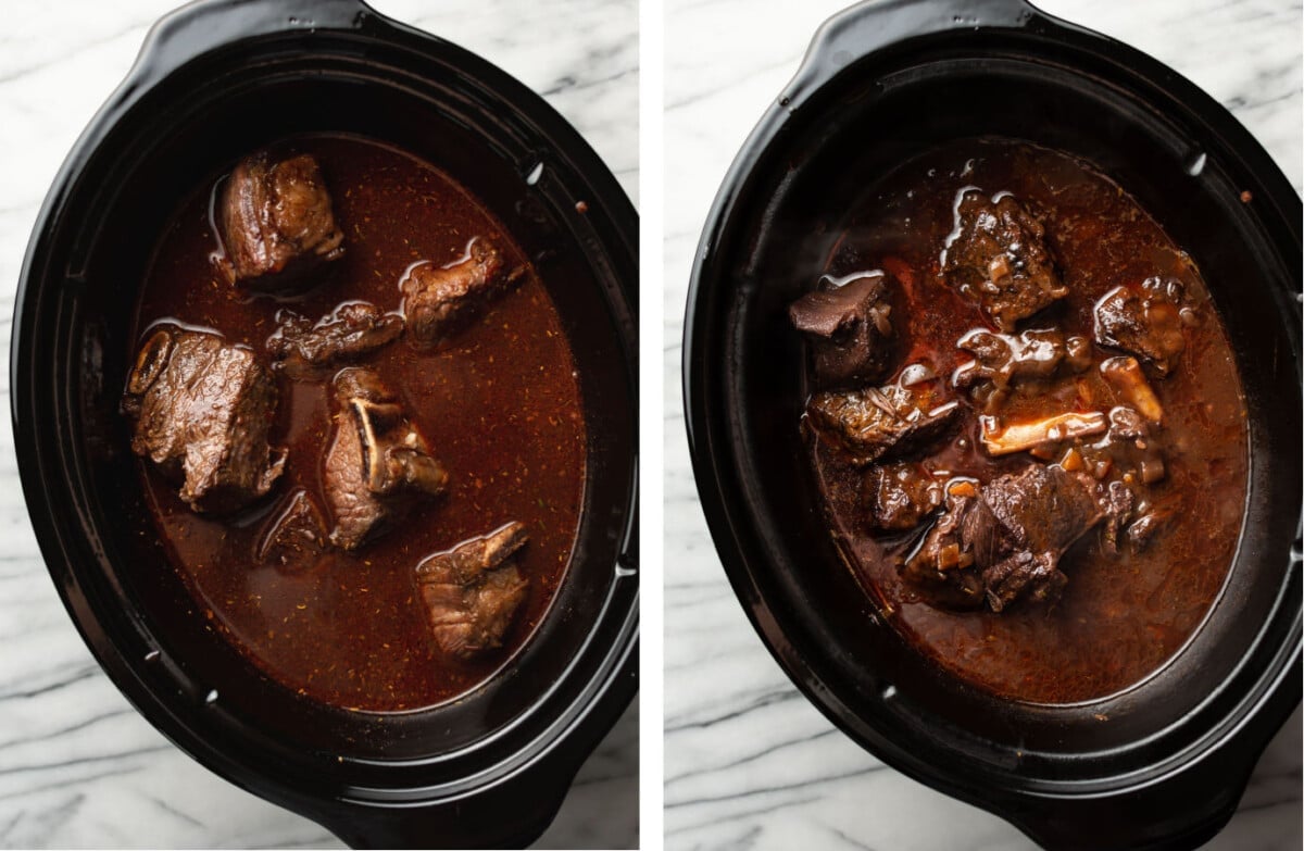 adding a cornstarch slurry to a slow cooker with red wine braised short ribs
