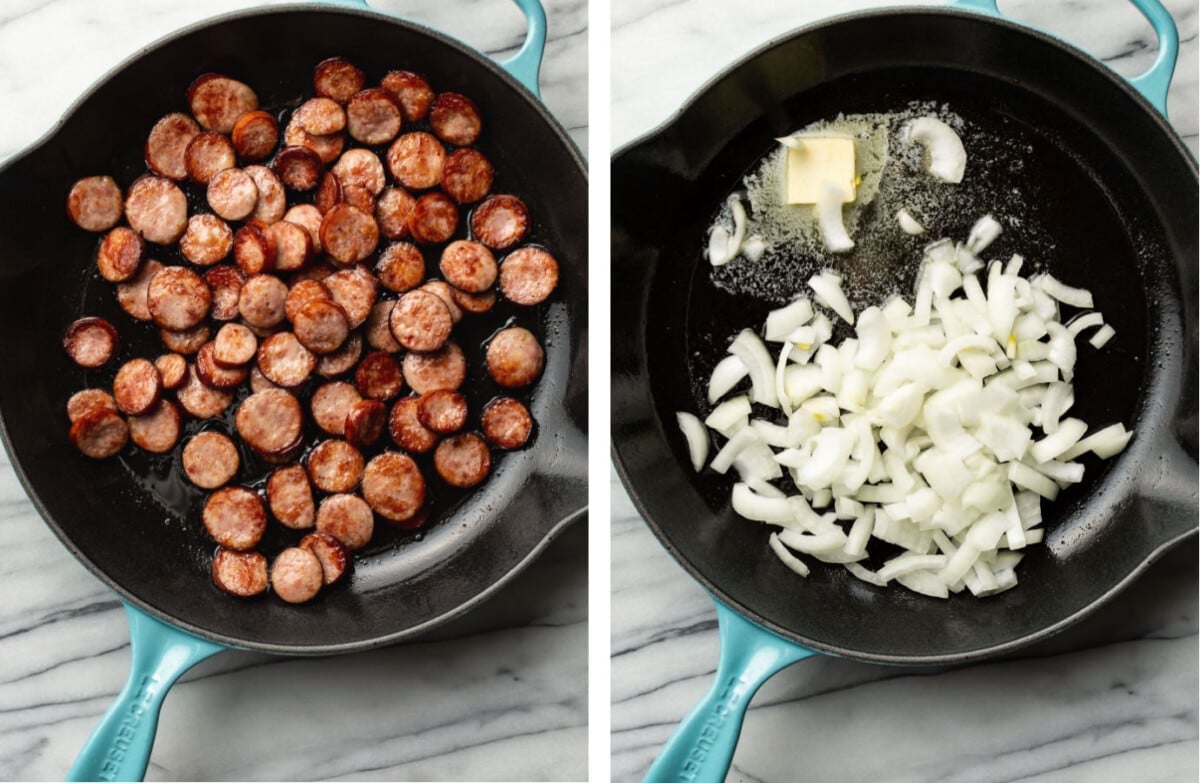 pan frying kielbasa in a skillet then adding onions