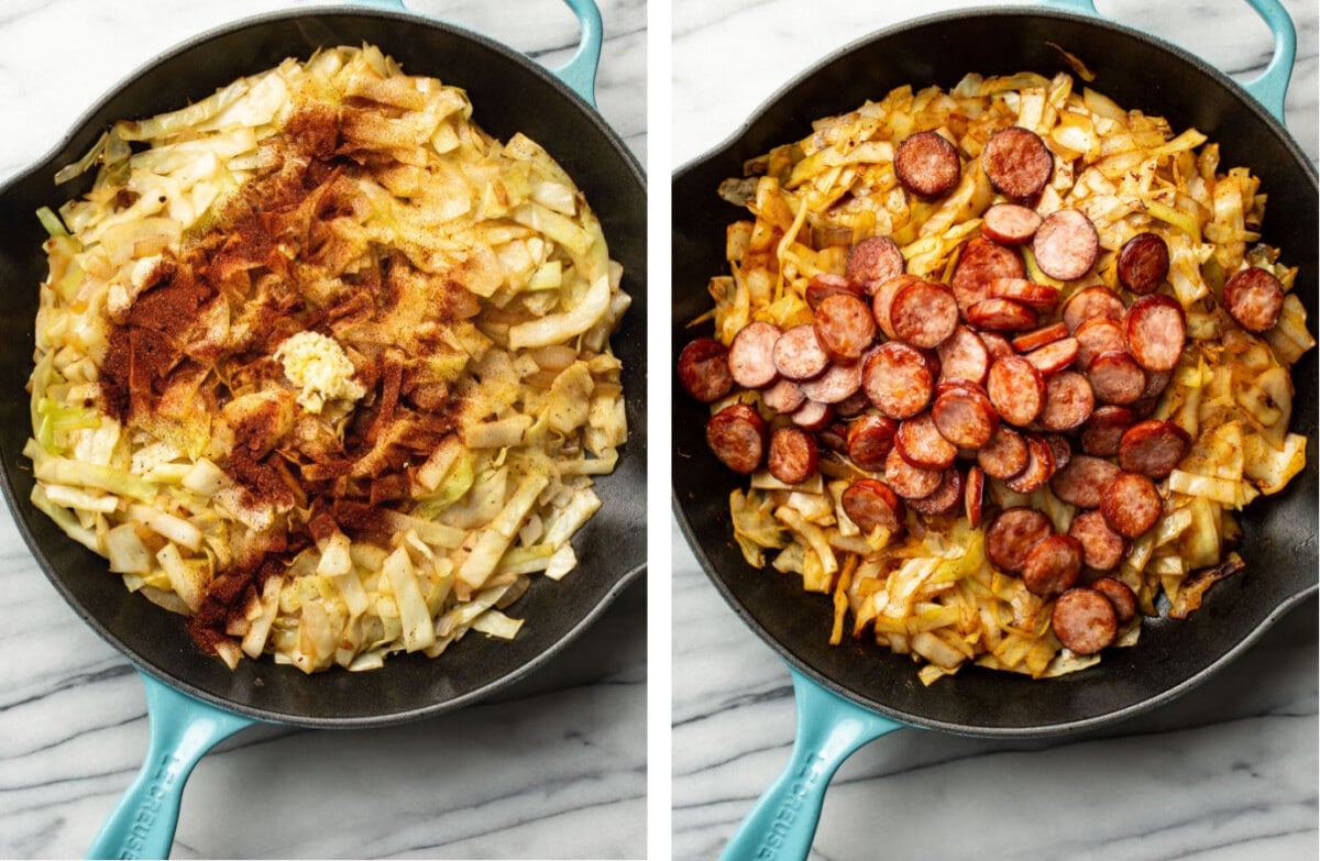 pan frying cabbage and adding in seasonings and sausage