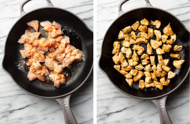 pan frying seasoned chicken in a cast iron skillet