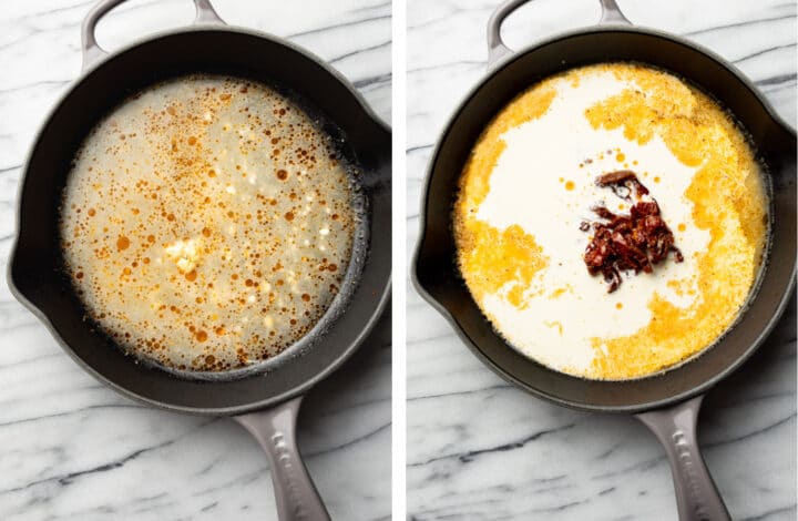 making the creamy sauce in a cast iron skillet for tuscan chicken pasta