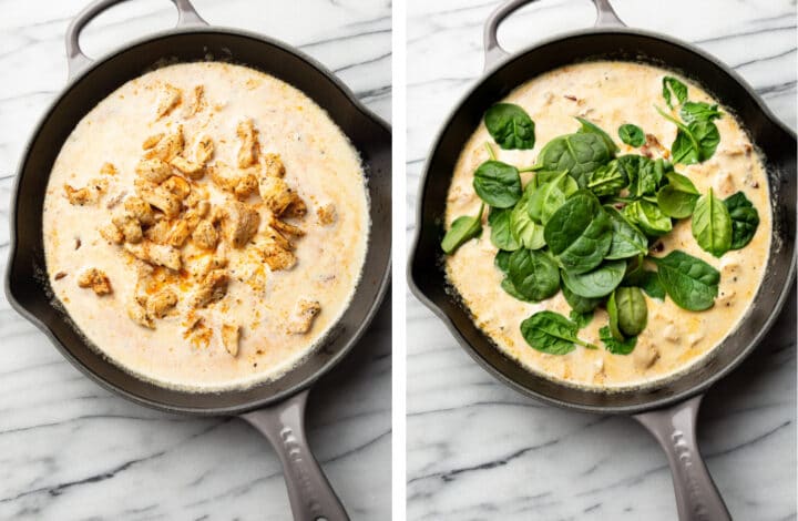 adding the chicken, spinach, and basil to the skillet for tuscan chicken pasta