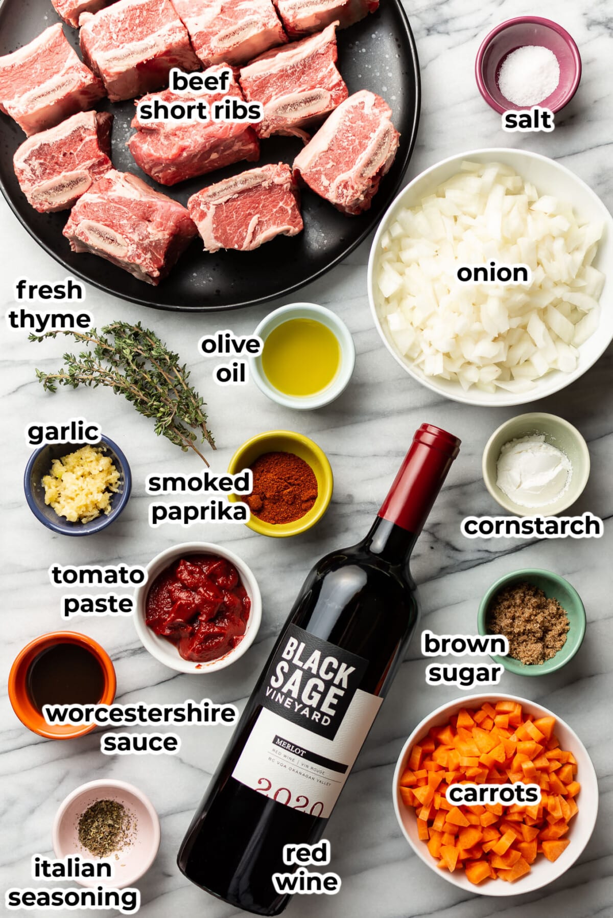 ingredients for slow cooker red wine braised short ribs in prep bowls