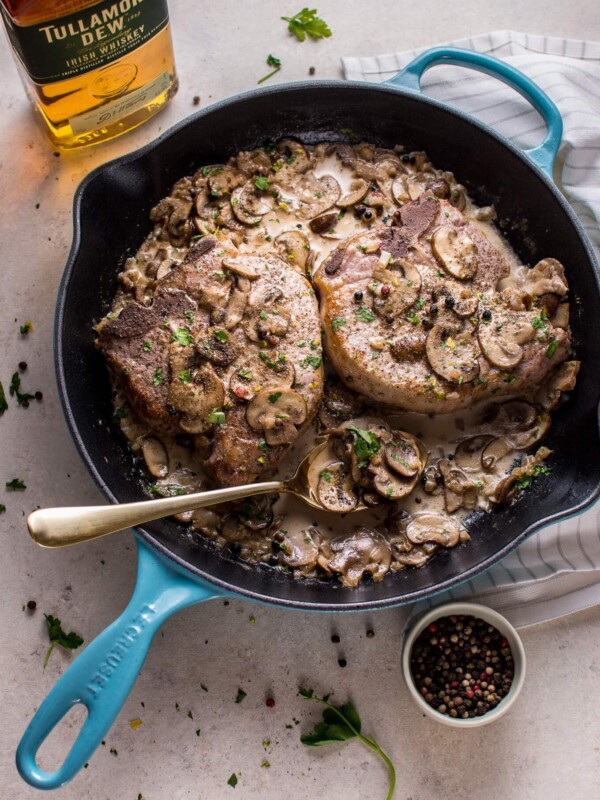 These pork chops in an Irish whiskey cream sauce make a simple but special dinner for two!