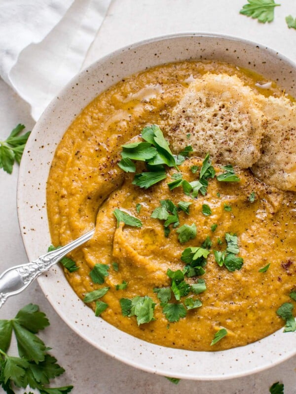 My roasted butternut squash and cauliflower soup with coconut milk is rich, silky, cozy, healthy, and full of flavor.