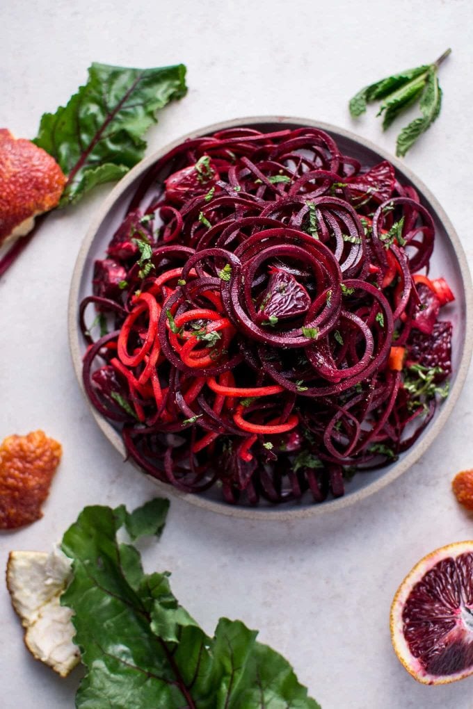 large bowl of vegan beet and blood orange salad