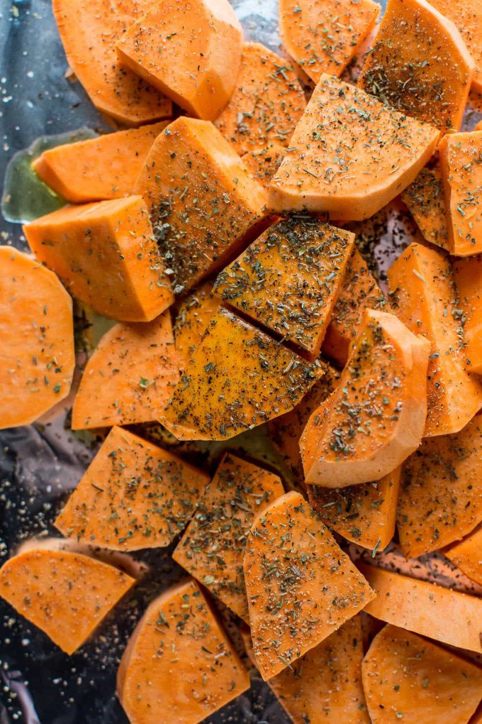 close-up of seasoned sweet potatoes