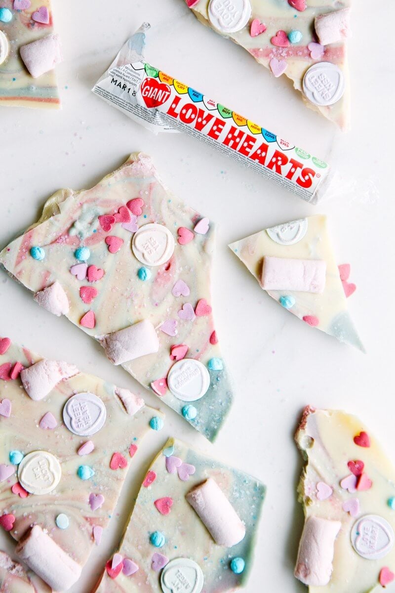close-up of pieces of love hearts unicorn bark