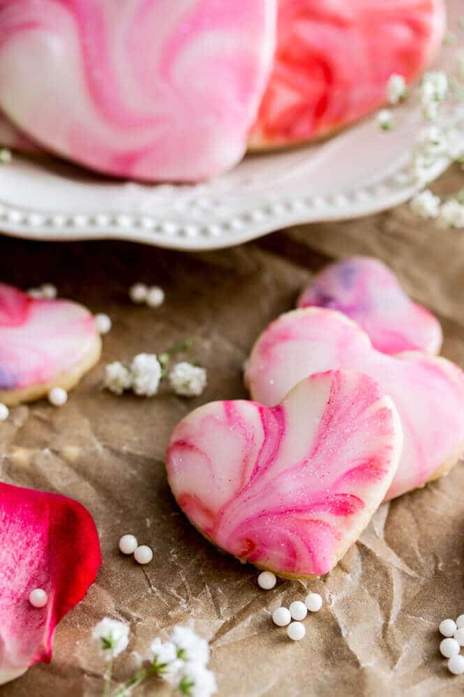 close-up of heart cookies with marble glaze