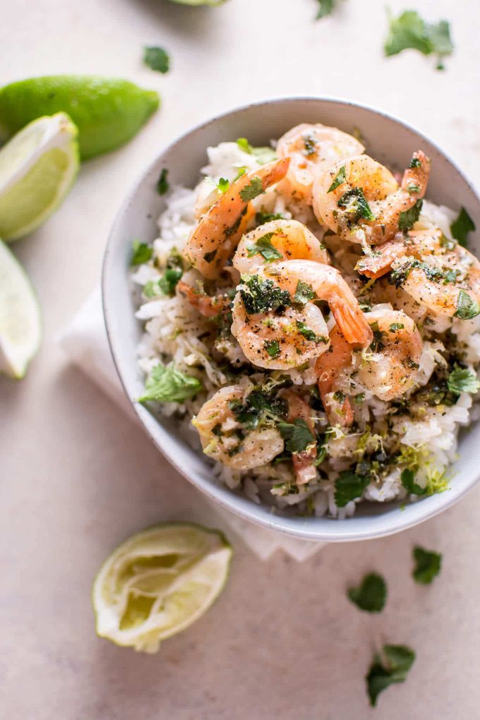 bowl of coconut lime shrimp over rice
