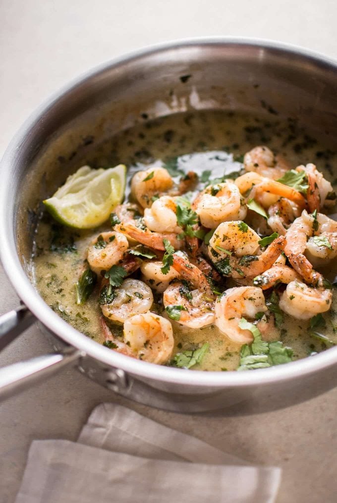 metal skillet with easy coconut lime shrimp