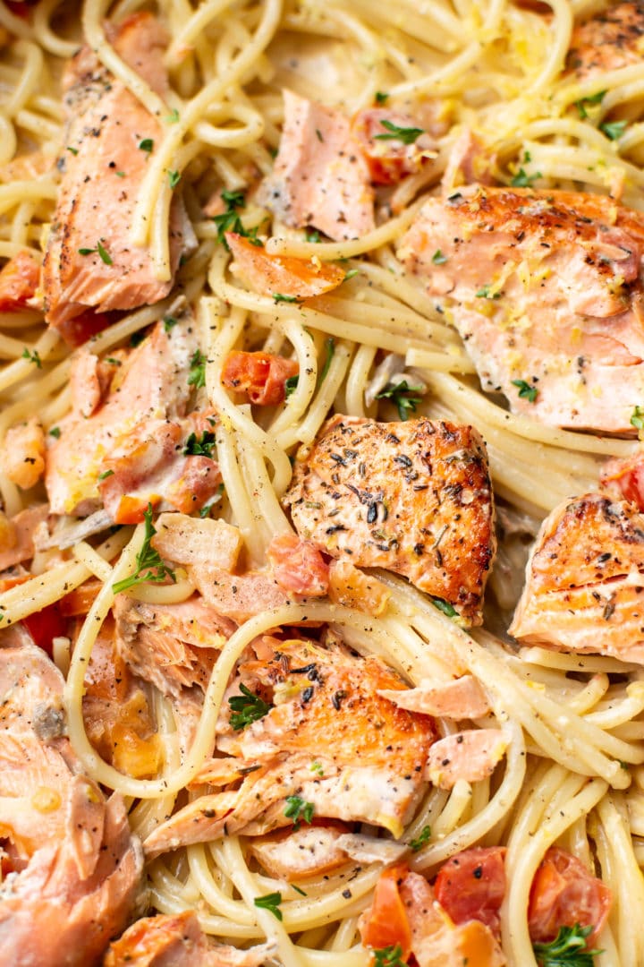 close-up of salmon and tomato pasta (spaghetti) with lemon garlic cream sauce