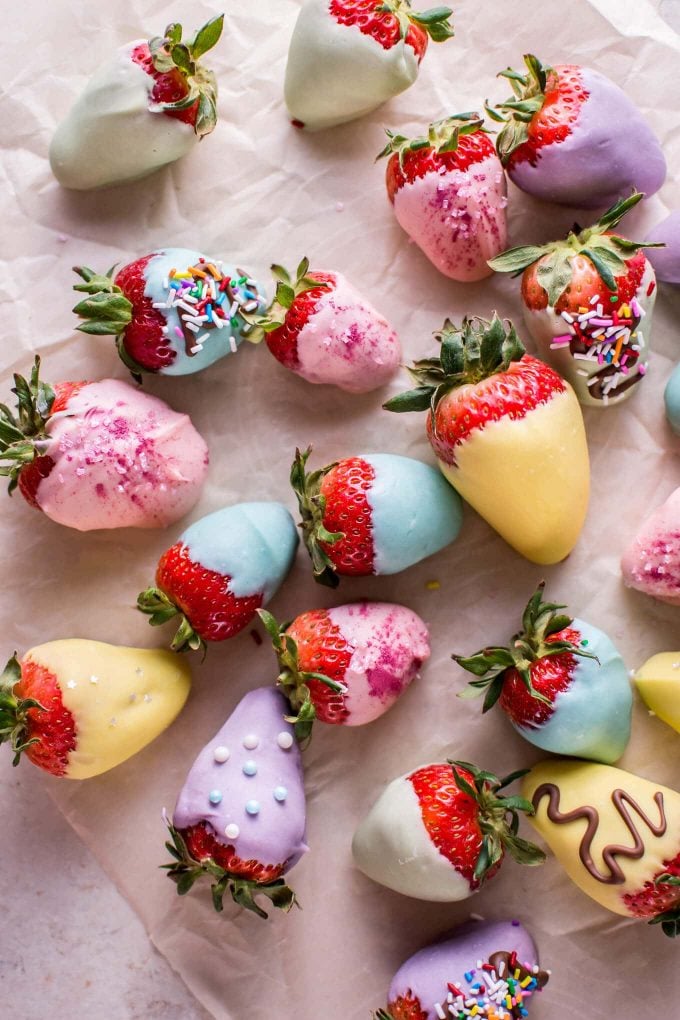 close-up of Easter chocolate strawberries with pastel colors