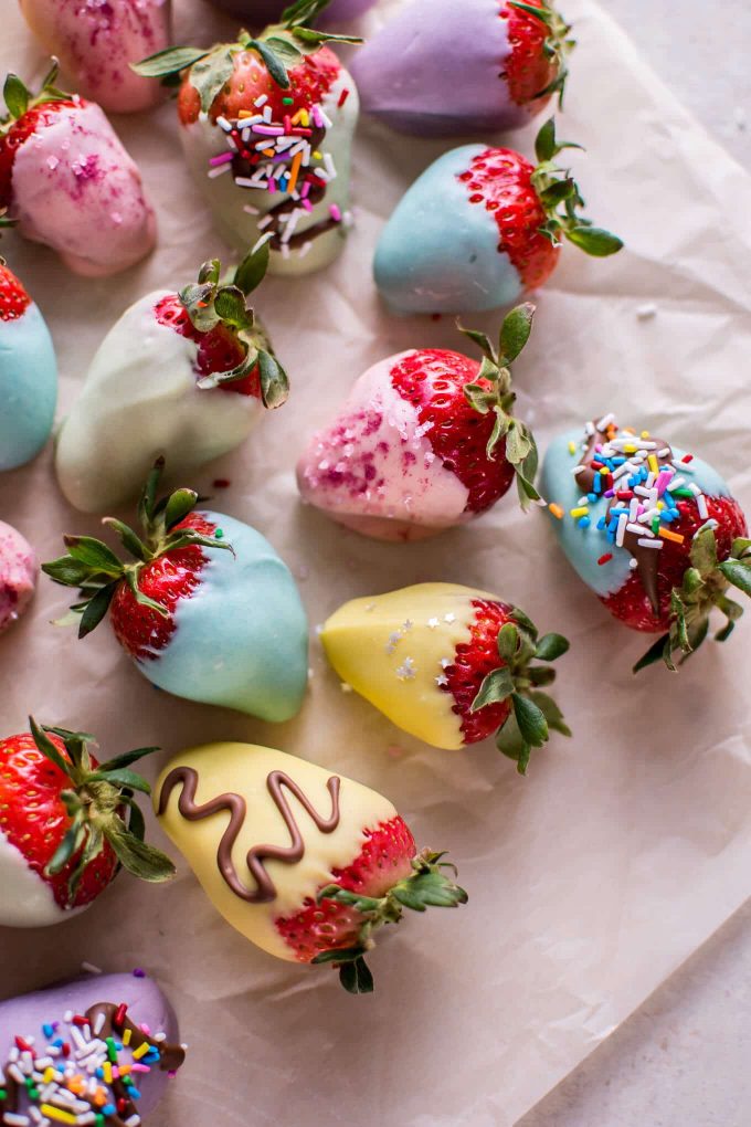 close-up of several Easter chocolate strawberries with sprinkles