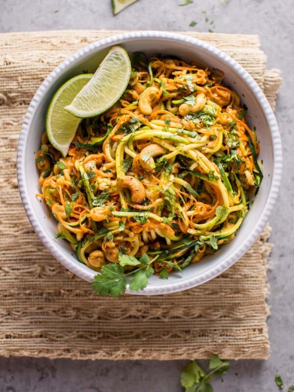 These 15 minute garlic lime cashew zoodles are a super easy and healthy vegan meal option. This is a snap to make, and the sauce is addictive!
