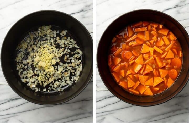 sauteing onions and making the sauce in a soup pot for thai sweet potato curry