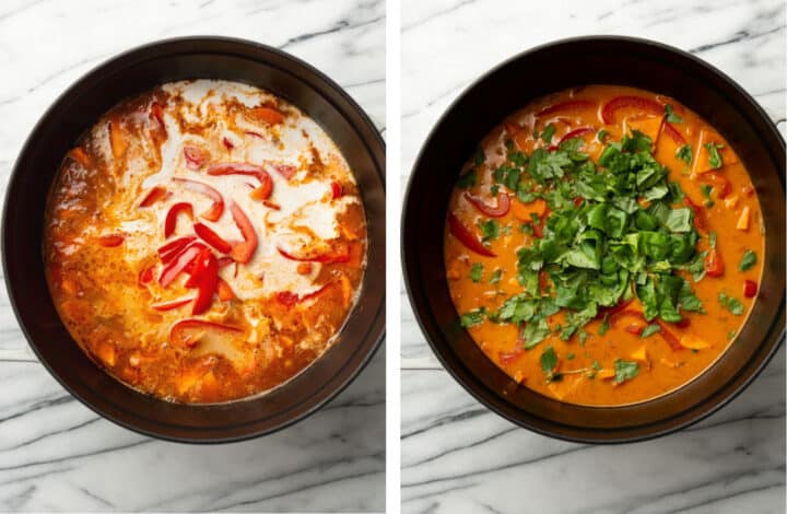 adding coconut milk and fresh herbs to a pot of thai sweet potato curry