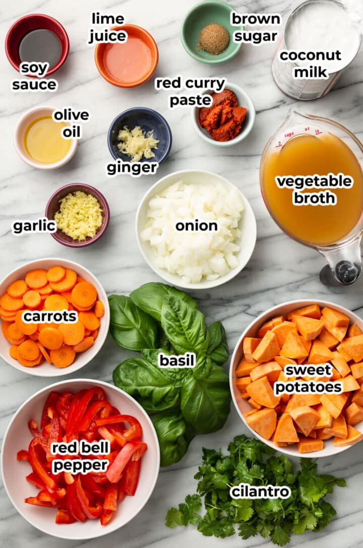 ingredients for thai sweet potato red curry in prep bowls