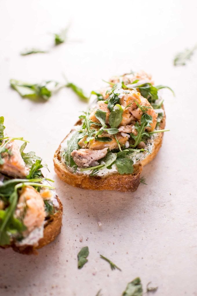 salmon tartine with fresh dill on a counter
