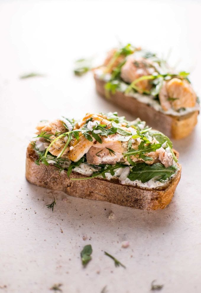 baked lemon salmon tartine open sandwich