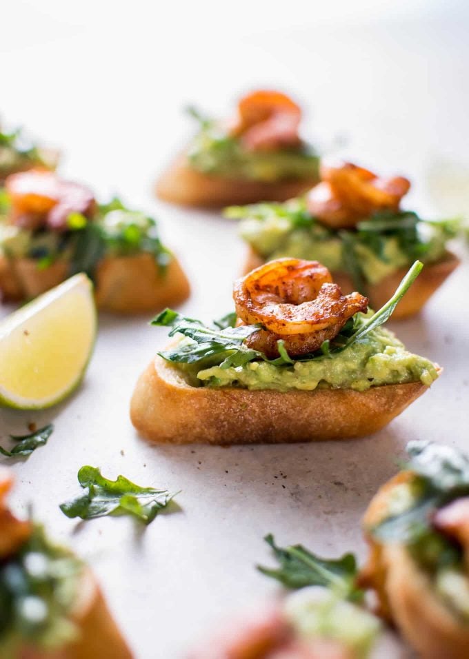 easy garlic shrimp and avocado crostini appetizer